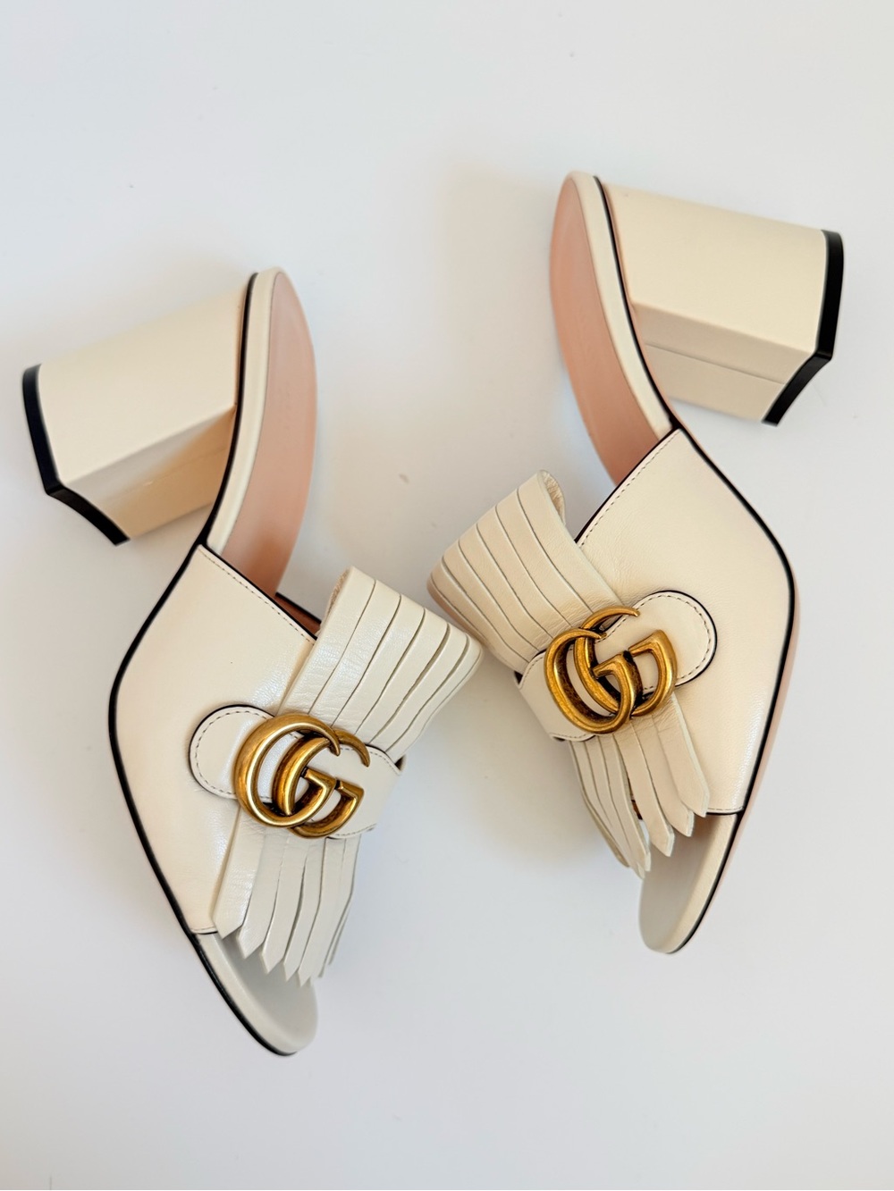 Gucci GG Marmont Fringe Mystic White Leather Block Heel Mule Slides EU 38
